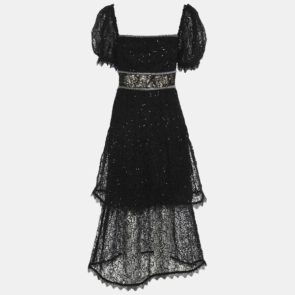 Self Portrait Black Sequin Circle Lace Midi Dress M